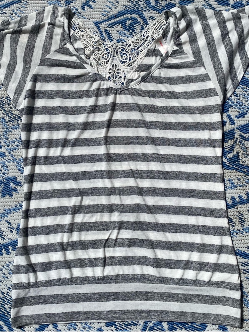 No Boundaries Gray and White Striped Lace-Back Short Sleeve Tee